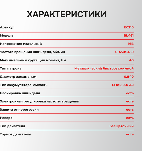 Изображение товара Аккумуляторная дрель-шуруповерт Profipower BL-161 / E0210
