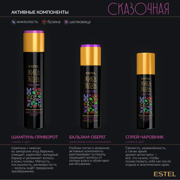 Изображение товара Набор косметики для волос Estel Жива Ягода сказочная Шампунь 300мл+Бальзам 250мл+Спрей 200мл