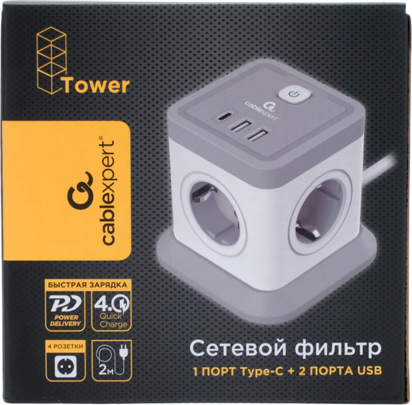 Изображение товара Сетевой фильтр Cablexpert TWR-4-CU2-W-2