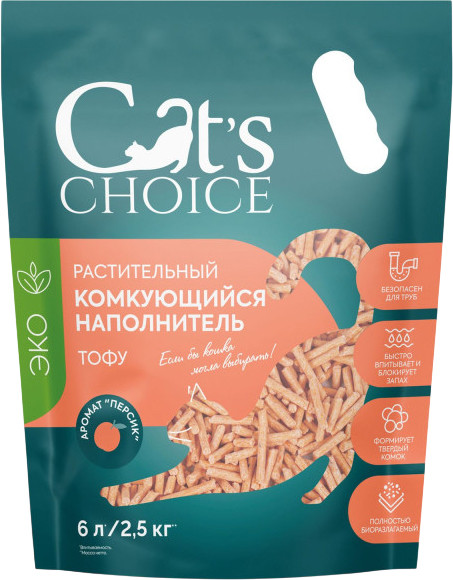 Изображение товара Наполнитель для туалета Cat's choice Комкующийся растительный тофу Персик (6л/2.5кг)