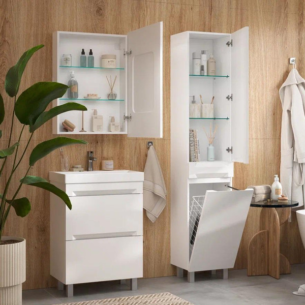 Изображение товара Шкаф-пенал для ванной EQUIL Corner 40 (напольный, с корзиной)