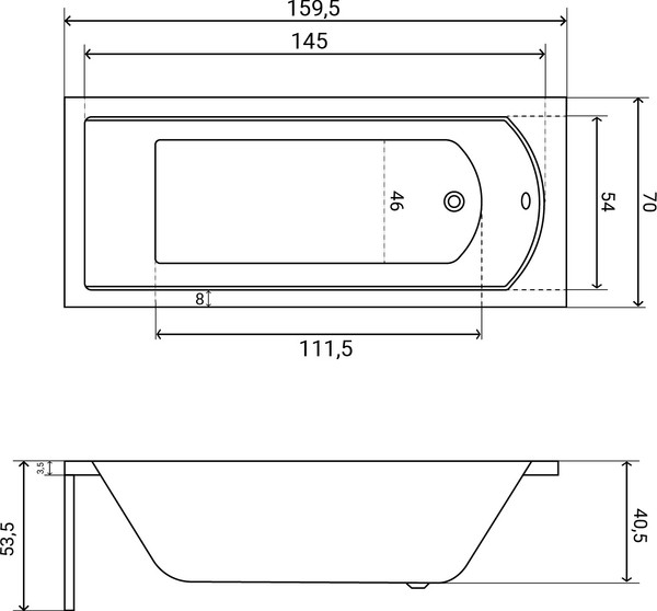 Изображение товара Ванна акриловая Lauter Amelia 160х70 / 21204060 (с ножками и лицевым экраном)