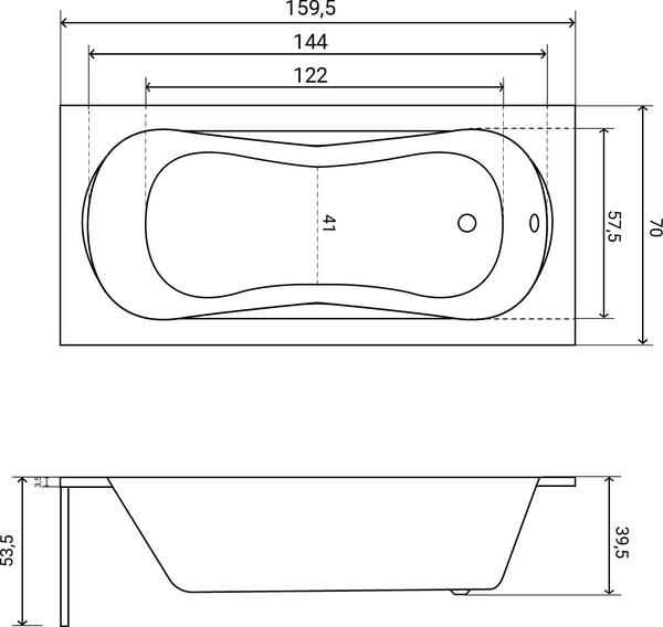 Изображение товара Ванна акриловая Lauter Sophia 160х70 / 21205160 (с ножками, лицевым черным и торцевым экраном)