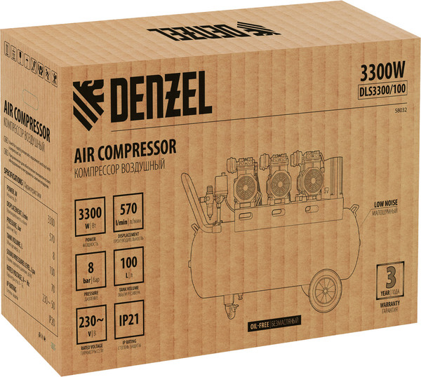 Изображение товара Воздушный компрессор Denzel Безмаслянный DLS 3300/100 / 58032