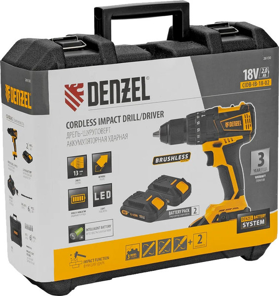 Изображение товара Аккумуляторная дрель-шуруповерт Denzel CIDB-IB-18-02 / 26130