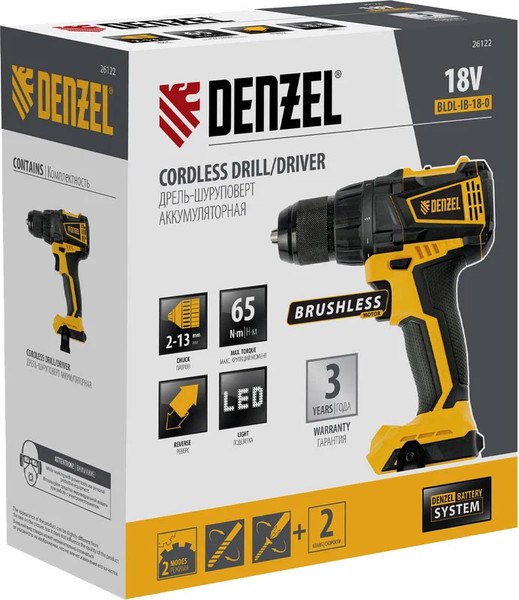 Изображение товара Аккумуляторная дрель-шуруповерт Denzel BLDL-IB-18-0 / 26122