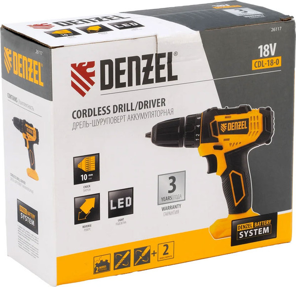 Изображение товара Аккумуляторная дрель-шуруповерт Denzel CDL-18-0 / 26117