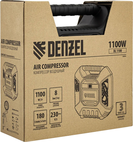 Изображение товара Воздушный компрессор Denzel DL1100 / 58005 (с набором аксессуаров)