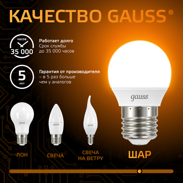 Изображение товара Лампа Gauss Шар 9.5W 890lm 3000K E27 LED / 105102110