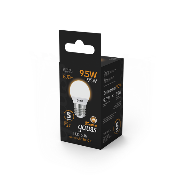Изображение товара Лампа Gauss Шар 9.5W 890lm 3000K E27 LED / 105102110