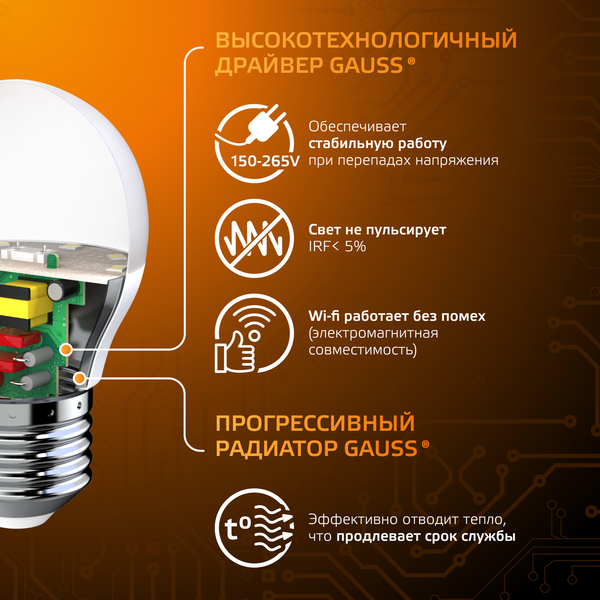 Изображение товара Лампа Gauss Шар 9.5W 890lm 3000K E27 LED / 105102110