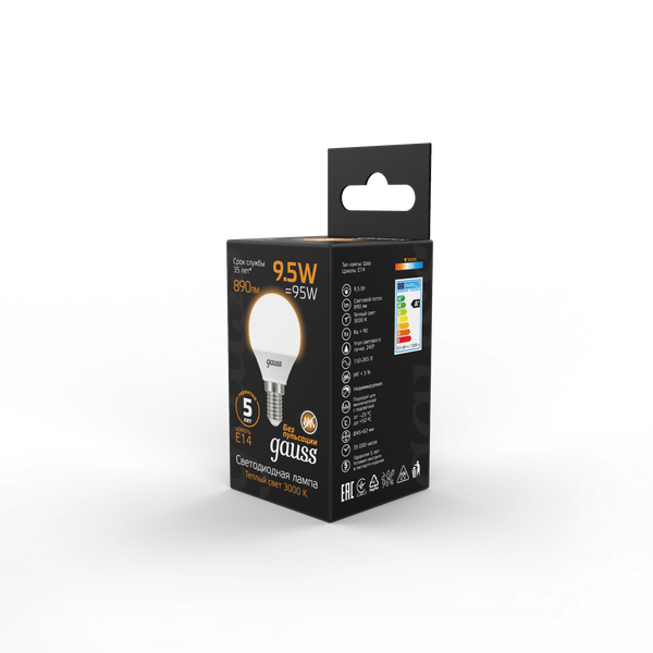 Изображение товара Лампа Gauss Шар 9.5W 890lm 3000K E14 LED / 105101110
