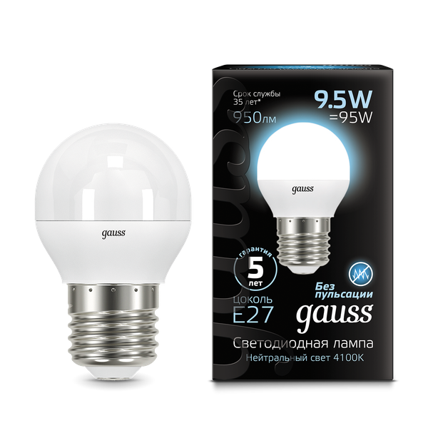 Изображение товара Лампа Gauss Шар 9.5W 950lm 4100K E27 LED / 105102210