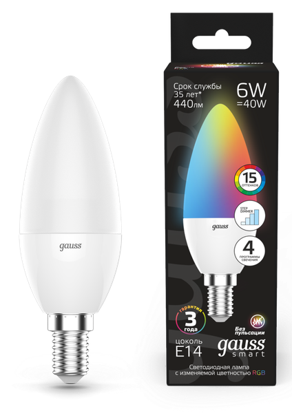 Изображение товара Лампа Gauss Свеча 6W E14 RGBW+димирование LED / 103101406