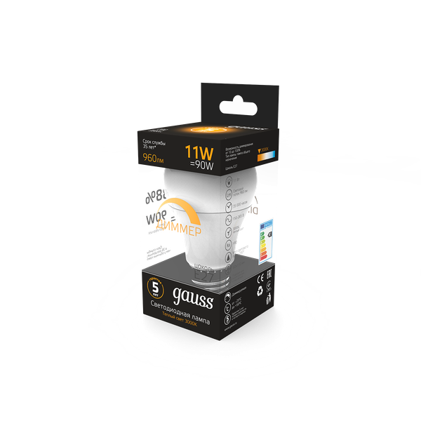 Изображение товара Лампа Gauss A60 11W 960lm 3000К E27 диммируемая LED / 102502111-D