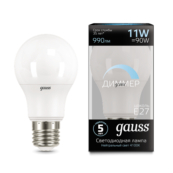 Изображение товара Лампа Gauss A60 11W 990lm 4100К E27 диммируемая LED / 102502211-D