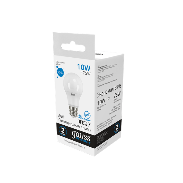 Изображение товара Лампа Gauss Elementary A60 10W 950lm 6500K Е27 LED / 23230