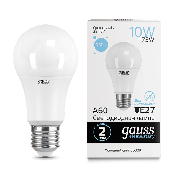 Изображение товара Лампа Gauss Elementary A60 10W 950lm 6500K Е27 LED / 23230