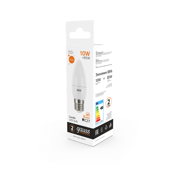 Изображение товара Лампа Gauss Elementary Свеча 10W 750lm 3000K E27 LED / 30210