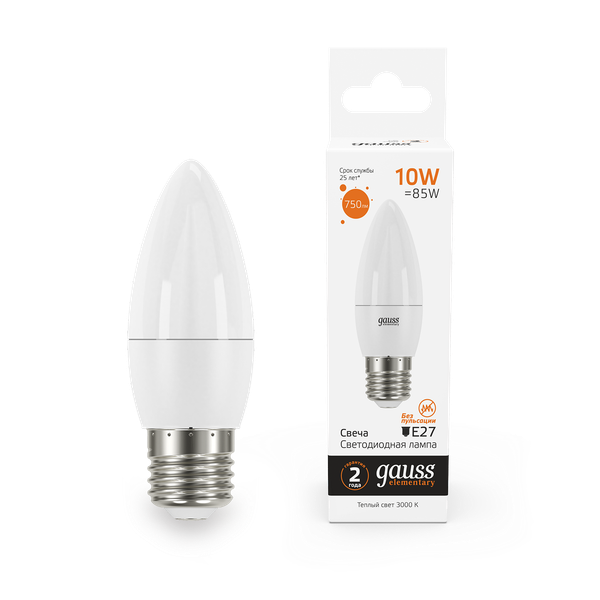 Изображение товара Лампа Gauss Elementary Свеча 10W 750lm 3000K E27 LED / 30210