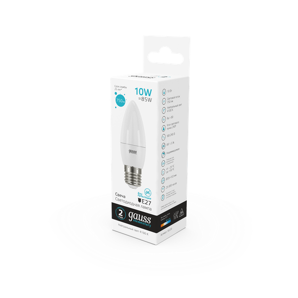 Изображение товара Лампа Gauss Elementary Свеча 10W 750lm 4100K E27 LED / 30220