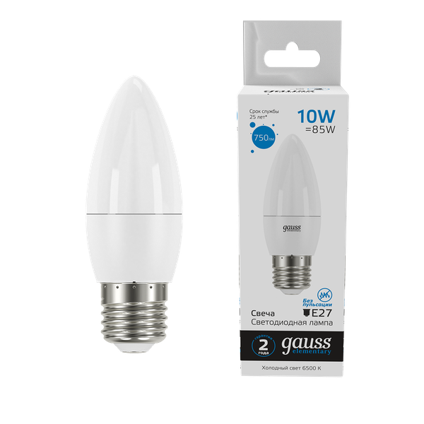 Изображение товара Лампа Gauss Elementary Свеча 10W 750lm 6500K E27 LED / 30230