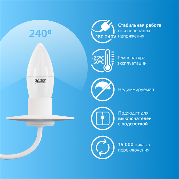 Изображение товара Лампа Gauss Elementary Свеча 10W 750lm 6500K E27 LED / 30230