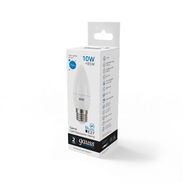Изображение товара Лампа Gauss Elementary Свеча 10W 750lm 6500K E27 LED / 30230