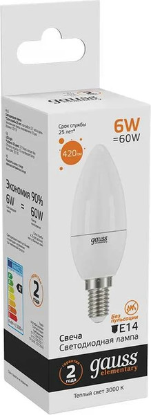 Изображение товара Лампа Gauss Elementary Свеча 6W 420lm 3000K Е14 LED / 33116