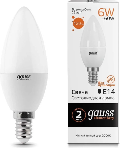 Изображение товара Лампа Gauss Elementary Свеча 6W 420lm 3000K Е14 LED / 33116
