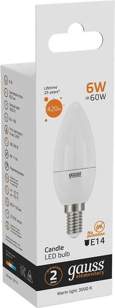 Изображение товара Лампа Gauss Elementary Свеча 6W 420lm 3000K Е14 LED / 33116