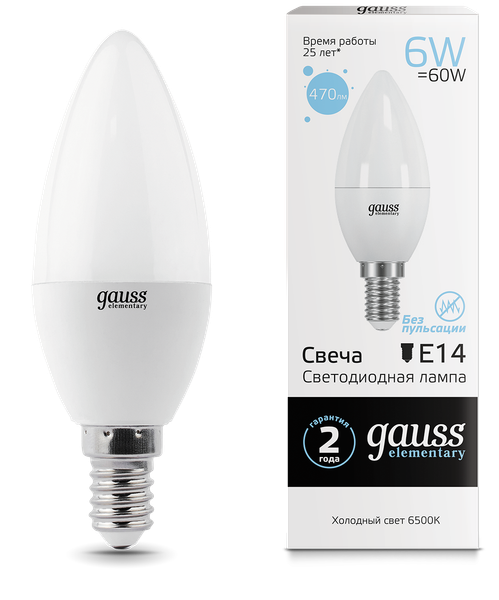Изображение товара Лампа Gauss Elementary Свеча 6W 470lm 6500K Е14 LED / 33136