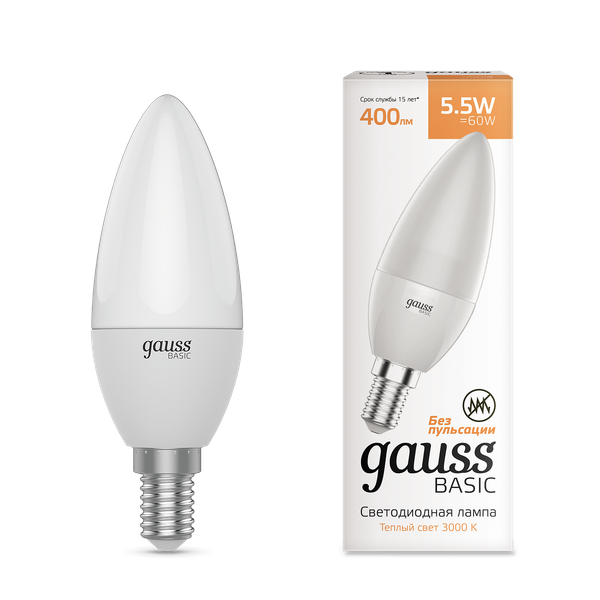 Изображение товара Лампа Gauss Basic Свеча 5.5W 400lm 3000K E14 LED / 1033116K (3шт)