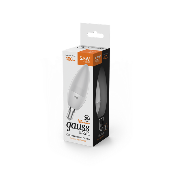 Изображение товара Лампа Gauss Basic Свеча 5.5W 400lm 3000K E14 LED / 1033116K (3шт)