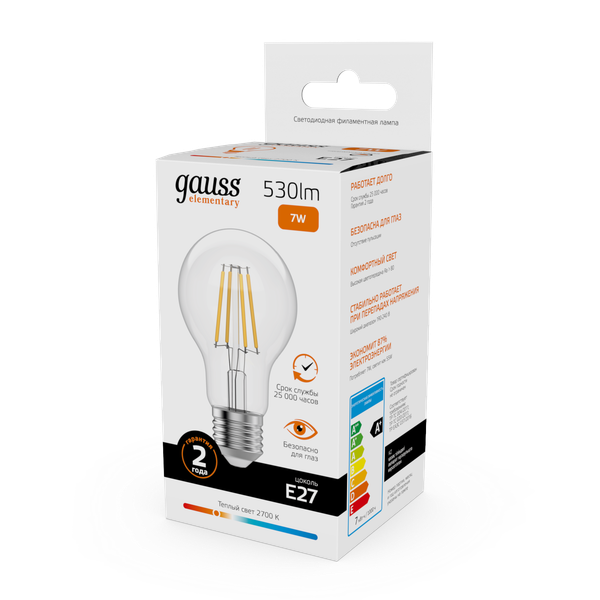 Изображение товара Лампа Gauss Filament Elementary А60 7W 530lm 2700К Е27 LED / 22217