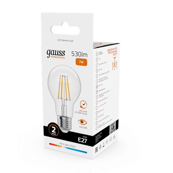 Изображение товара Лампа Gauss Filament Elementary А60 7W 530lm 2700К Е27 LED / 22217