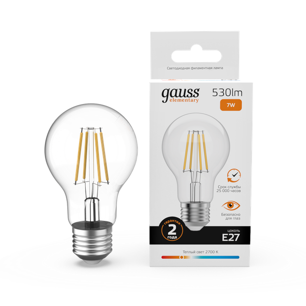 Изображение товара Лампа Gauss Filament Elementary А60 7W 530lm 2700К Е27 LED / 22217