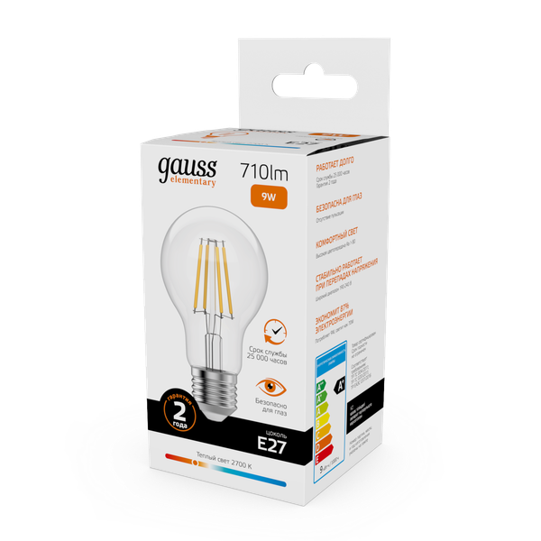 Изображение товара Лампа Gauss Filament Elementary А60 9W 710lm 2700К Е27 LED / 22219
