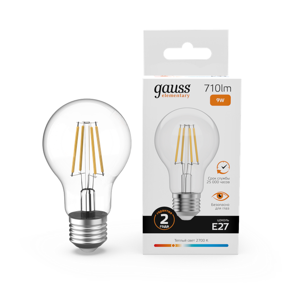 Изображение товара Лампа Gauss Filament Elementary А60 9W 710lm 2700К Е27 LED / 22219