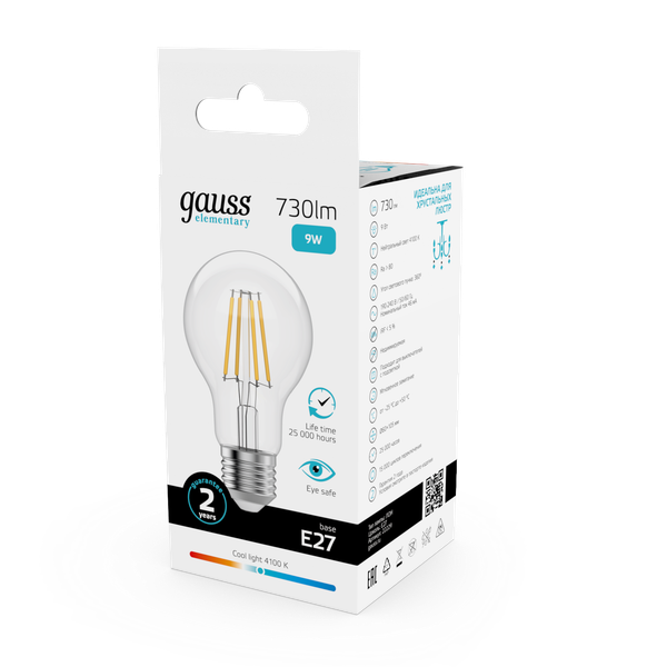 Изображение товара Лампа Gauss Filament Elementary А60 9W 730lm 4100К Е27 LED / 22229