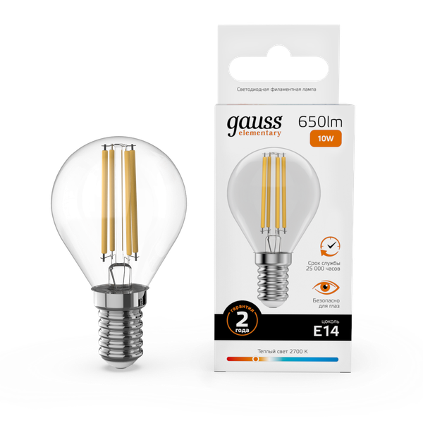 Изображение товара Лампа Gauss Filament Elementary Шар 10W 650lm 2700К Е14 LED / 52110