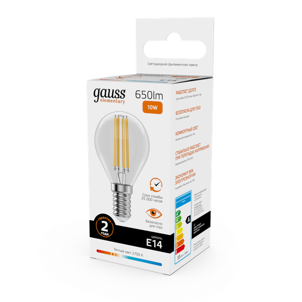 Изображение товара Лампа Gauss Filament Elementary Шар 10W 650lm 2700К Е14 LED / 52110
