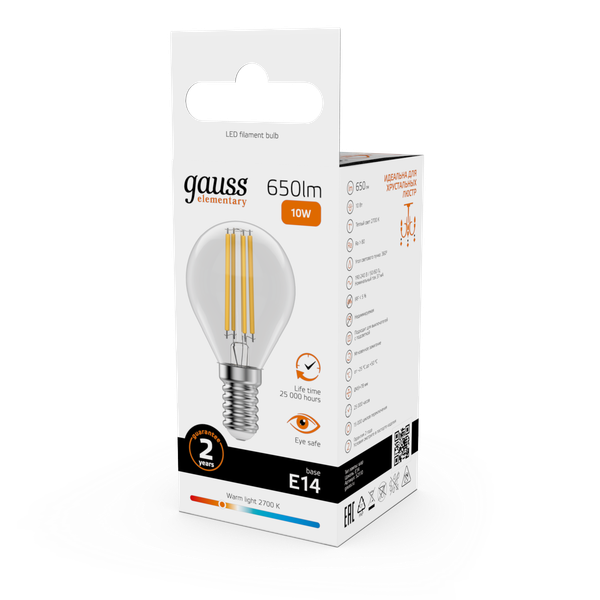 Изображение товара Лампа Gauss Filament Elementary Шар 10W 650lm 2700К Е14 LED / 52110