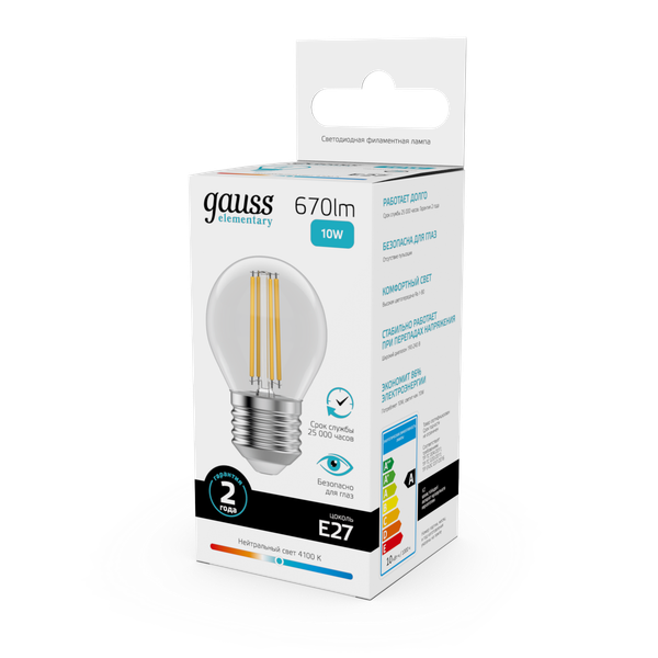 Изображение товара Лампа Gauss Filament Elementary Шар 10W 670lm 4100К Е27 LED / 52220