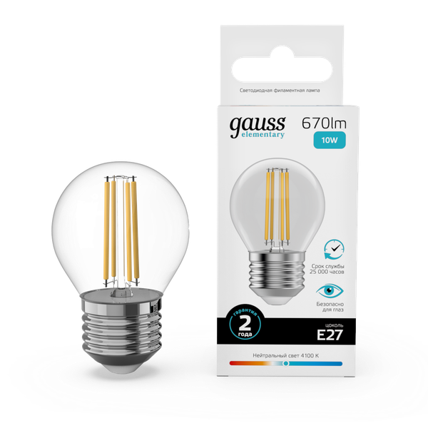 Изображение товара Лампа Gauss Filament Elementary Шар 10W 670lm 4100К Е27 LED / 52220