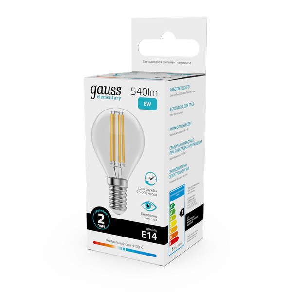 Изображение товара Лампа Gauss Filament Elementary Шар 8W 540lm 4100К Е14 LED / 52128