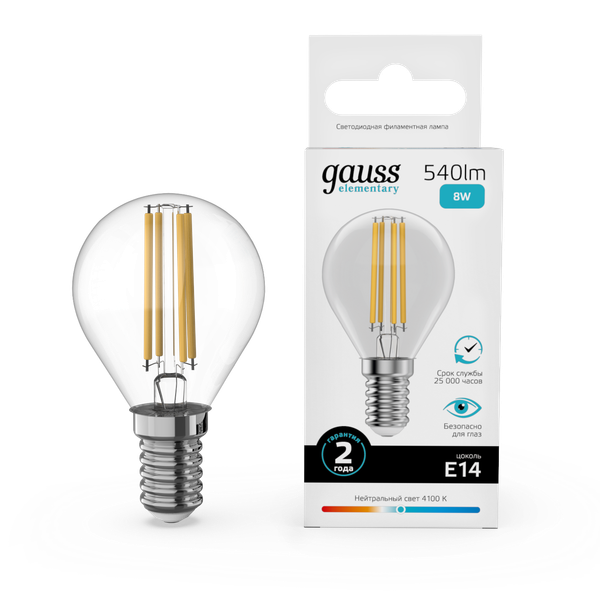 Изображение товара Лампа Gauss Filament Elementary Шар 8W 540lm 4100К Е14 LED / 52128