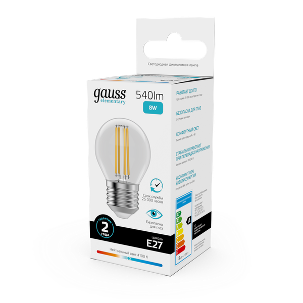 Изображение товара Лампа Gauss Filament Elementary Шар 8W 540lm 4100К Е27 LED / 52228