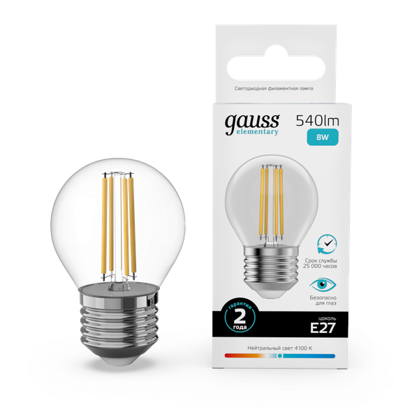 Изображение товара Лампа Gauss Filament Elementary Шар 8W 540lm 4100К Е27 LED / 52228