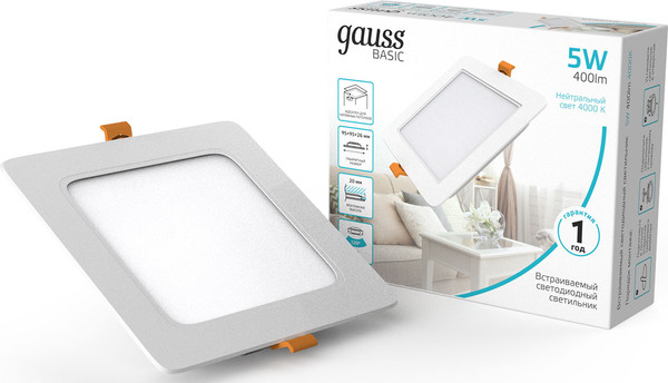 Изображение товара Точечный светильник Gauss Basic Downlight квадрат 5W 400lm 4000K 170-260V IP20 /9031420205 (белый)